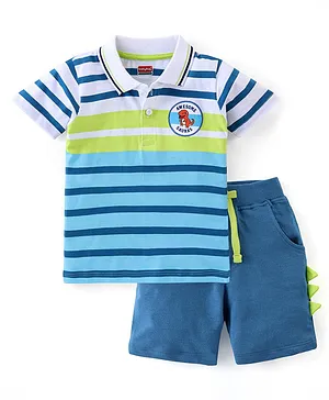 Babyhug 100% Cotton Knit Half Sleeves Striped T-Shirt & Shorts Set with Draw Cord & Dino Applique - Blue & Green