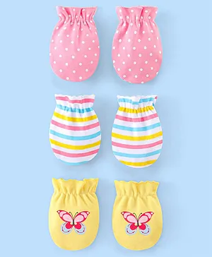 Babyhug 100% Cotton Mittens Striped & Polka Dots Print Pack of 3 - Yellow & Pink