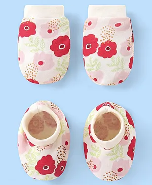 Babyhug 100% Cotton Knit Mittens & Booties Floral Print - Cream