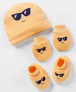 Simply Interlock Cotton Spectacles Print Cap Mittens & Booties Set Yellow -  Diameter 10.5 cm