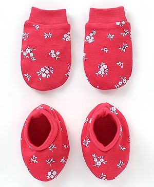 Babyhug 100% Cotton Knit Mittens & Booties Set Floral Print - Red