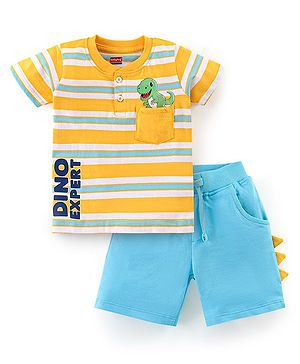 Babyhug 100% Cotton Knit Half Sleeves Striped T-Shirt & Shorts Set with Draw Cord & Dino Applique - Blue & Yellow