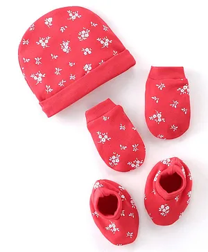 Babyhug 100% Cotton Knit Cap Mittens & Booties Set Cartoon Floral Print - Red