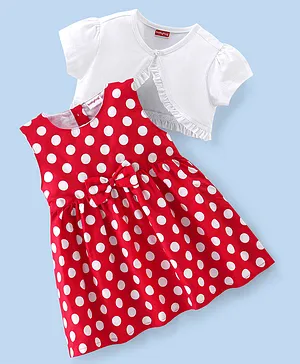 Babyhug 100% Cotton Polka Dots Printed Frock with Lining and Half Sleeves Shrug - White & Red