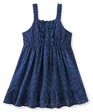 Babyhug 100% Cotton Knit Sleeveless Frock with Floral Embroidery - Navy Blue