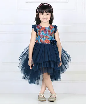 Toy Balloon Cap Frill Sleeves Forest Theme Abstract Leaves Foil Printed Embellished With Layered & High Low  Party Dress -  Navy Blue