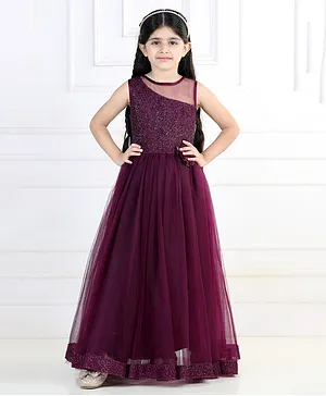 Toy Balloon Sleeveless Striped Designed Shimmer Detailed Bodice & Flower Applique Embellished Fit & Flare Gown - Purple
