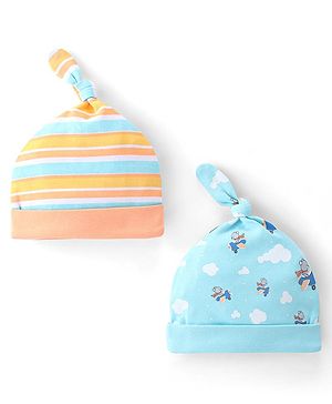 Babyhug 100% Cotton Cap Bear & Stripes Print Pack Of 2- Blue & Orange - Diameter 9 Cm