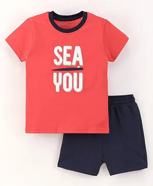 Doreme Cotton Knit Half Sleeves T-Shirt and Shorts Set Sea You Print - Pink