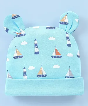 Babyhug 100% Cotton Cap Boat Printed with Ears Applique  - Blue