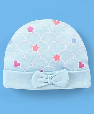 Babyhug 100% Cotton Cap Star Printed with Bow Applique - Blue