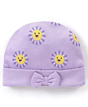 Babyhug 100% Cotton Cap Floral Printed with Bow Applique - Purple