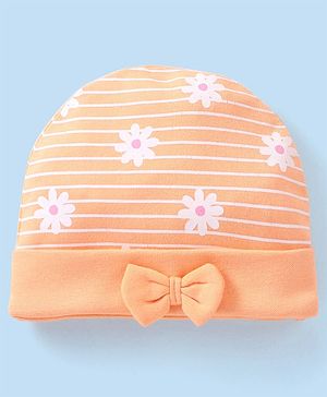 Babyhug 100% Cotton Cap Floral Printed with Bow Applique  Orange - Diameter 9 Cm