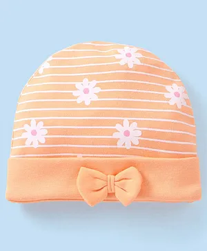 Babyhug 100% Cotton Cap Floral Printed with Bow Applique - Orange