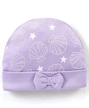 Babyhug 100% Cotton Cap Sea Shell Printed with Bow Applique - Purple