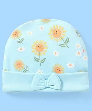 Babyhug 100% Cotton Cap Sun Flower Printed with Bow Applique  Blue - Diameter 10.5 Cm