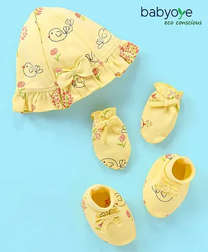 Babyoye Eco Conscious  100% Cotton With Eco Jiva Finish Cap Mitten & Booties Set - Yellow