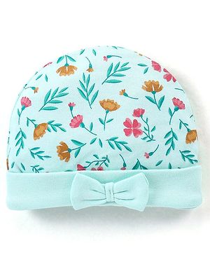 Babyhug 100% Cotton Cap Floral Printed with Bow Applique - Blue