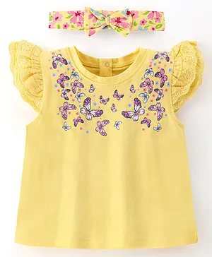 Babyhug 100% Cotton Knit Frill Sleeves Top with Headband Butterfly Print - Yellow