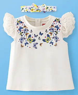 Babyhug 100% Cotton Frill Sleeves Tee With With Headband & Butterfly Graphics- Off White