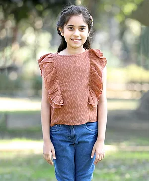 Cutiekins Frilled Sleeves Chevron Embroidered Top - Light Brown