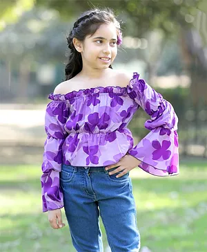 Cutiekins Off Shoulder Full Sleeves Floral Printed Top - Purple & Blue