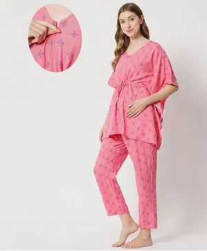 Aujjessa Three Fourth Bat Wing Sleeves Abstract Kunai Star Motif Printed Kaftan Style Maternity Front Zipper Feeding Night Suit - Pink