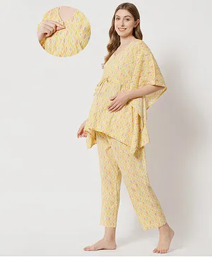 Aujjessa Three Fourth Bat Wing Sleeves Abstract Ikat Design Diamond Shape Motif Printed Kaftan Style Maternity Front Zipper Feeding Night Suit - Lemon Yellow
