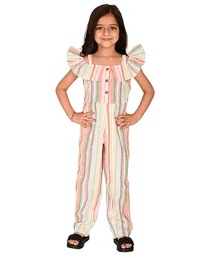 Lilpicks Couture Cold Shoulder Half Sleeves Balanced Striped Button Down Jumpsuit - Multi Colour