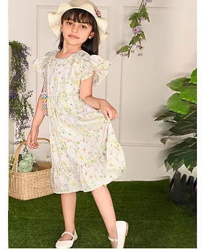 Lilpicks Couture Frill Short Sleeves All Over Watercolour Effect Botanical Floral Printed Fit & Flare Dress - Light Green