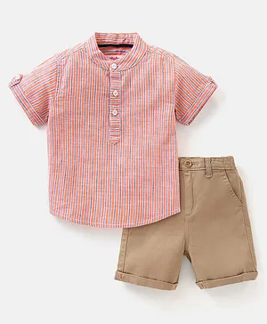 Babyhug 100% Cotton Half Sleeves Shirt & Shorts Set Striped- Orange & Khaki