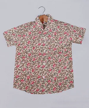 Tahanis 100% Cotton Half Sleeves Floral Printed Shirt - Beige