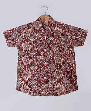 Tahanis 100% Cotton Half Sleeves Ajrakh Printed Shirt - Maroon