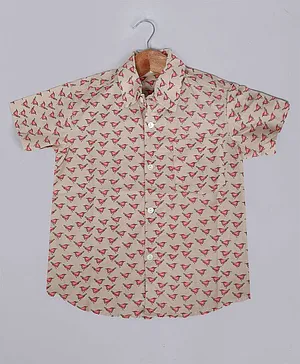 Tahanis 100% Cotton Half Sleeves Birds Printed Shirt - Beige