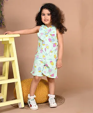 LIL PITAARA Pure Cotton Sleeveless Strawberry Printed Big Bow Applique  Co Ord Shorts Set - Green
