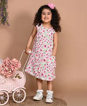 LIL PITAARA Pure Cotton Sleeveless Floral Printed Dress With Pocket - Pink