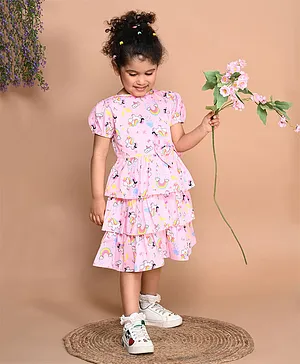 LIL PITAARA Pure Cotton Puffed Sleeves Unicorn Printed Tiered Dress - Pink