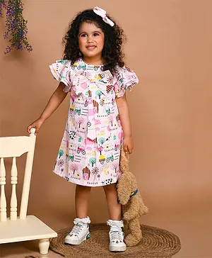 LIL PITAARA Pure Cotton Frilled Sleeves Nursery Farm Vehicles Printed Bow Applique Dress - Pink