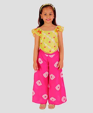 Lil Drama Cap Sleeves Leheriya Designed Flower Embroidered Tassel Detailed Top & Palazzo - Pink Yellow