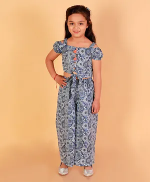 Lil Drama Cold Shoulder Puffed Sleeves Abstract Printed Tassel Detailed Top & Pant - Blue