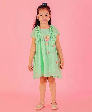 Lil Drama Frilled Sleeves Flower Applique Dobby Embroidered Dress - Green