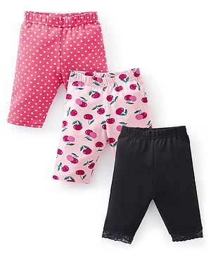 Babyhug Cotton Knit Three Fourth Leggings Polka Dots & Cherry Print Pack of 3 - Pink & Black