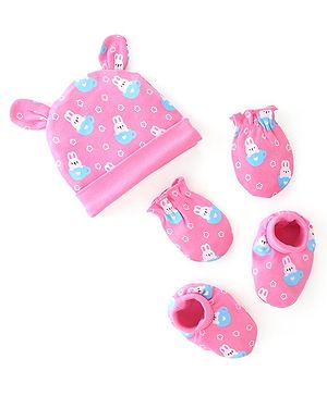 Babyhug 100% Cotton Cap Mittens & Booties Bunny Print Pink - Diameter 9 Cm