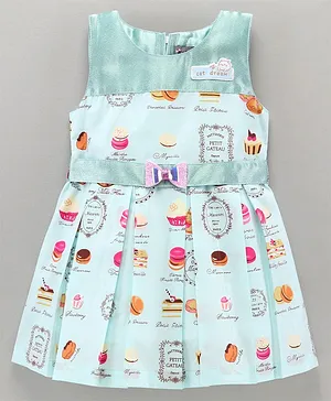 Enfance Core Sleeveless Fast Food Theme Donuts & Cake Printed With Glittered Bow Appliqued & Box Pleated Dress - Blue
