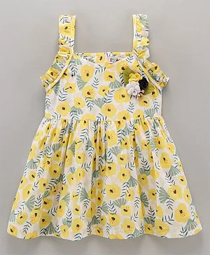 Enfance Core Sleeveless Garden Floral Printed & Appliqued Dress - Yellow