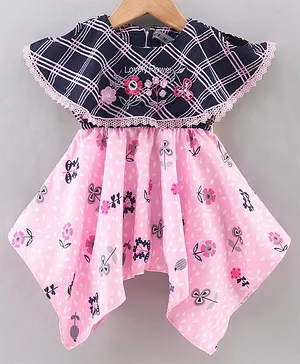 Enfance Core Cape Sleeves Floral Printed Embroidered & Plaid Checked Poncho Dress - Pink