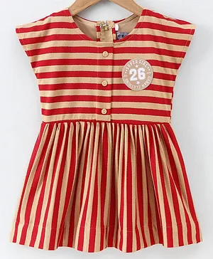 Enfance Core Cap Sleeves Rugby Striped & Number Patched Fit & Flare Dress - Red