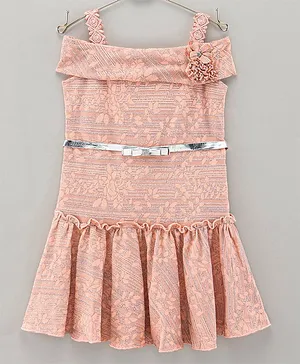 Enfance Core Cold Shoulder Short Sleeves Seamless Floral Shimmer Swirl Printed & Flower Applique Embellished Ruffled Dress - Peach