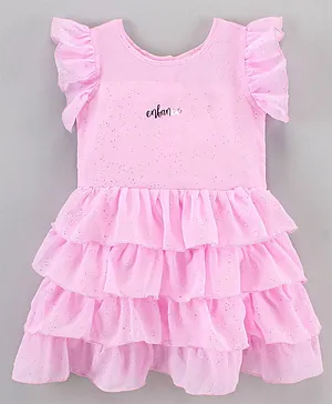 Enfance Core Frill Cap Sleeves Seamless Foil Dots Fit & Flare Layered Dress - Pink