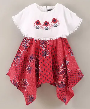 Enfance Core Cape Half Sleeves Flower Embroidered Poncho Style Floral Printed Lace Embellished High Low Dress - Red